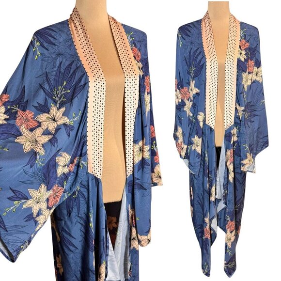 NWT Midnight Bakery Floral Kimono Duster Sz.XL Blue Open Front Boho Loungewear - Picture 1 of 16